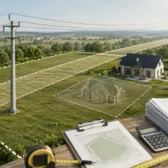 Działka z domem i słupami energetycznymi. Obliczenia i waga szalkowa sugerują, ile wynosi odszkodowanie za słupy energetyczne na działce.