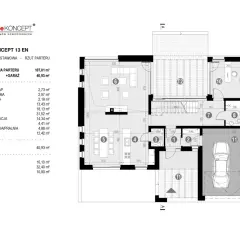 Rzut parteru domu HomeKONCEPT 13 EN. Powierzchnia użytkowa domu to 107,01 m², z garażem 40,93 m². Widoczne pomieszczenia: salon, kuchnia, jadalnia, gabinet, garaż.