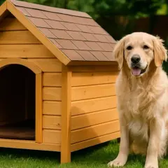 Złoty retriever siedzi obok drewnianej budy. Dowiedz się, jak samemu zrobić drzwiczki dla psa, by zapewnić mu schronienie.