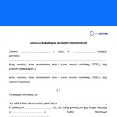 Umowa przedwstępna sprzedaży nieruchomości, zawierająca dane sprzedającego i kupującego, a także informacje o działce.