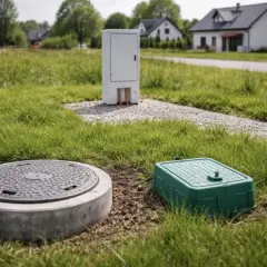 Na działce z domami w tle widać studzienkę kanalizacyjną, zieloną skrzynkę i białą szafkę techniczną.
