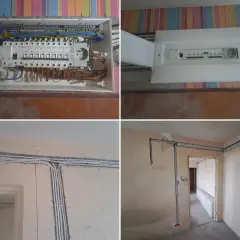 Nowy rozdzielacz i przewody elektryczne w bloku. Trwa wymiana instalacji elektrycznej, widać nowe zabezpieczenia i uporządkowane okablowanie.