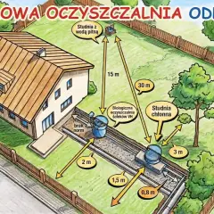 Ilustracja pokazuje odległość studni chłonnej od granicy działki i innych elementów, zgodnie z przepisami. Widać dom, oczyszczalnię ścieków i studnię z wodą pitną.