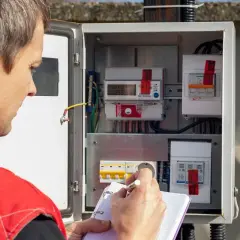 Elektryk spisuje protokół wymiany licznika elektrycznego, notując odczyty w zeszycie.