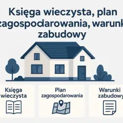 Księga wieczysta, plan zagospodarowania i warunki zabudowy – kluczowe dokumenty przy budowie domu. Ikony symbolizują te dokumenty.