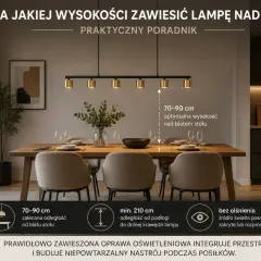 Nowoczesne rodzaje lamp wiszących nad stołem jadalnianym, z zaznaczoną optymalną wysokością zawieszenia 70-90 cm.