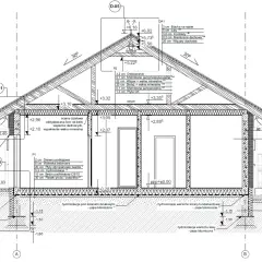 Przekrój przez budynek, szczegółowy projekt budowlany co zawiera: fundamenty, ściany, dach, izolacje, warstwy konstrukcyjne.