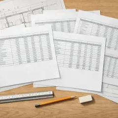 Na stole leżą dokumenty z rysunkami architektonicznymi i tabelami. Widać fragmenty kosztorysu inwestorskiego, linijkę i ołówek.