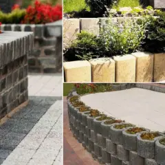 Inspirujący pomysł na murek oporowy z kamienia i betonu, tworzący tarasowe rabaty i ścieżki.