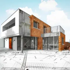 Widok domu w budowie, z widocznymi etapami budowy: fundamenty, ściany z cegły i betonowe, plany architektoniczne.