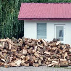 Duża sterta drewna opałowego przed białym budynkiem z czerwoną dachem. W tle wierzba i iglaki, podkreślające odległość od lasu.