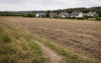 Pole uprawne obok nowych domów, symbolizujące zmianę działki rolnej na budowlaną.