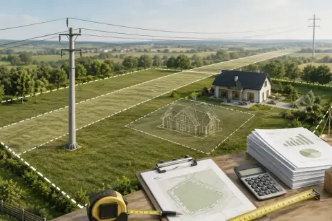 Działka z domem i słupami energetycznymi. Obliczenia i waga szalkowa sugerują, ile wynosi odszkodowanie za słupy energetyczne na działce.