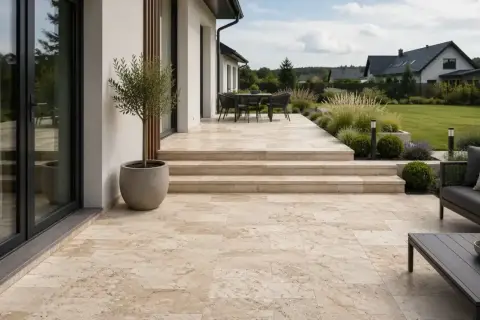 Piękny taras i schody z trawertynu, naturalnego kamienia, tworzą elegancką przestrzeń wokół nowoczesnego domu z ogrodem.