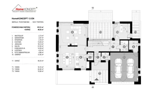 Rzut parteru domu HomeKONCEPT 13 EN. Powierzchnia użytkowa domu to 107,01 m², z garażem 40,93 m². Widoczne pomieszczenia: salon, kuchnia, jadalnia, gabinet, garaż.