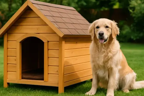 Złoty retriever siedzi obok drewnianej budy. Dowiedz się, jak samemu zrobić drzwiczki dla psa, by zapewnić mu schronienie.