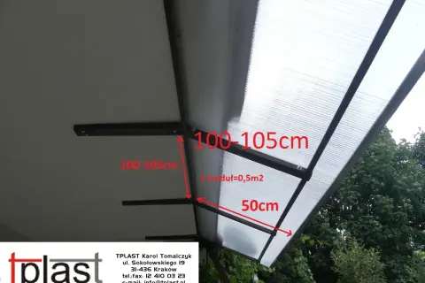 Daszki balkonowe do samodzielnego montażu. Wymiary 100-105cm, moduł 0,5m2, wysięg 50cm.