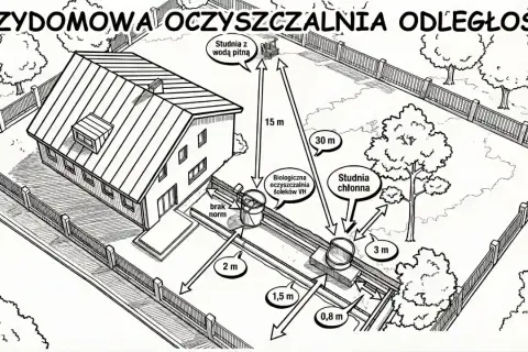 Schemat pokazuje odległość studni od szamba i innych elementów. Odległość studni z wodą pitną od biologicznej oczyszczalni wynosi 15 m.