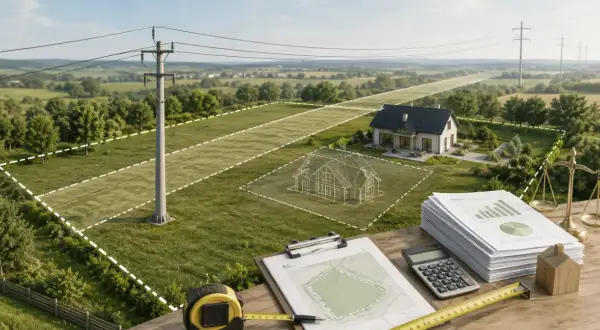 Działka z domem i słupami energetycznymi. Obliczenia i waga szalkowa sugerują, ile wynosi odszkodowanie za słupy energetyczne na działce.