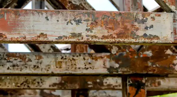Widoczne są zardzewiałe, metalowe belki konstrukcyjne. To przykład, co to jest korozja – proces niszczenia metalu pod wpływem czynników atmosferycznych.