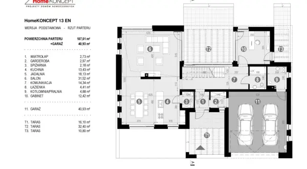 Rzut parteru domu HomeKONCEPT 13 EN. Powierzchnia użytkowa domu to 107,01 m², z garażem 40,93 m². Widoczne pomieszczenia: salon, kuchnia, jadalnia, gabinet, garaż.