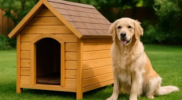Złoty retriever siedzi obok drewnianej budy. Dowiedz się, jak samemu zrobić drzwiczki dla psa, by zapewnić mu schronienie.