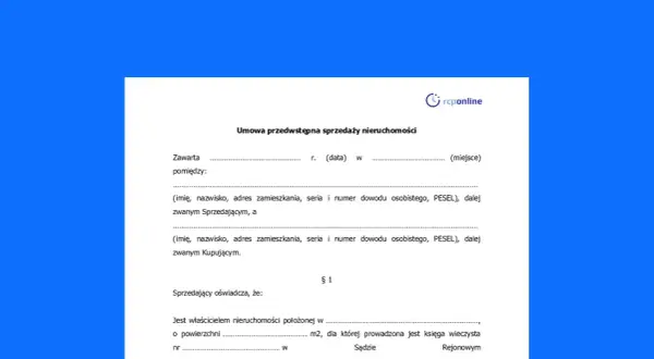 Umowa przedwstępna sprzedaży nieruchomości, zawierająca dane sprzedającego i kupującego, a także informacje o działce.