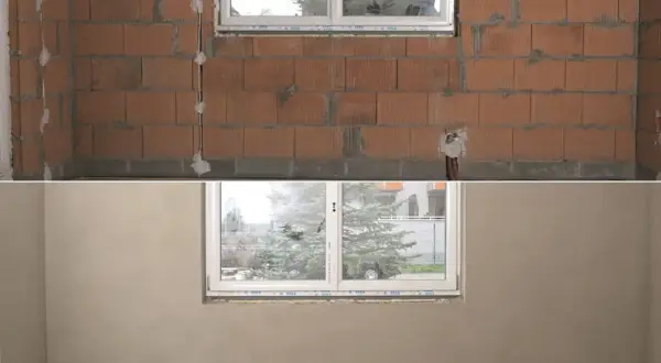 Przed i po: surowe ściany z pustaków i gotowe tynki na zimę bez ogrzewania.