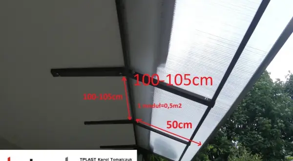 Daszki balkonowe do samodzielnego montażu. Wymiary 100-105cm, moduł 0,5m2, wysięg 50cm.