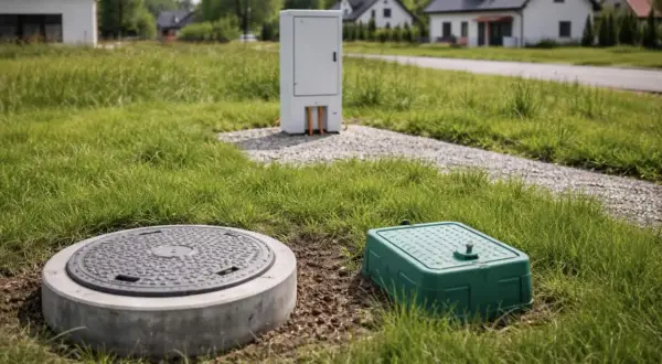 Na działce z domami w tle widać studzienkę kanalizacyjną, zieloną skrzynkę i białą szafkę techniczną.