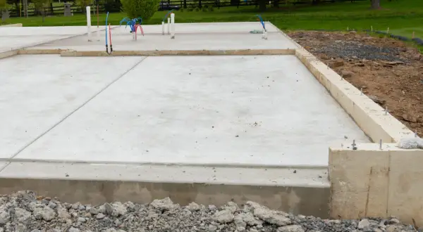 Nowa płyta fundamentowa warstwy betonu z wystającymi rurkami hydraulicznymi, gotowa na budowę domu.
