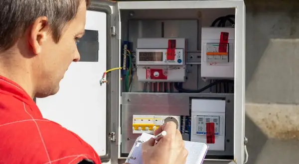 Elektryk spisuje protokół wymiany licznika elektrycznego, notując odczyty w zeszycie.