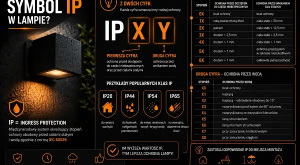 IP67 co oznacza? To stopień ochrony lampy przed pyłem i wodą. Wyższa wartość IP to lepsza ochrona.