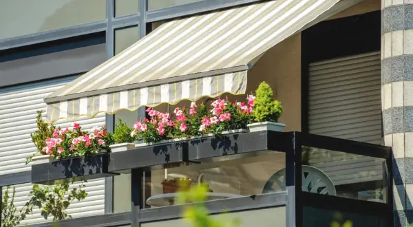 Zadaszenia balkonowe w paski chronią kwitnące pelargonie. Balkon z roślinnością i meblami.