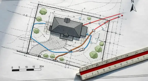 Projekt zagospodarowania terenu z domem, drzewami i zaznaczonymi instalacjami. Widoczna linijka geodezyjna.