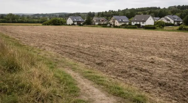 Pole uprawne obok nowych domów, symbolizujące zmianę działki rolnej na budowlaną.
