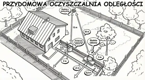 Schemat pokazuje odległość studni od szamba i innych elementów. Odległość studni z wodą pitną od biologicznej oczyszczalni wynosi 15 m.