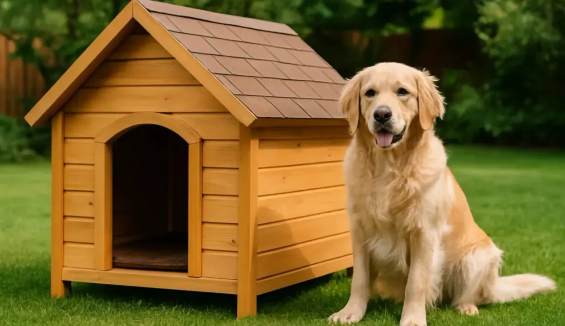 Złoty retriever siedzi obok drewnianej budy. Dowiedz się, jak samemu zrobić drzwiczki dla psa, by zapewnić mu schronienie.