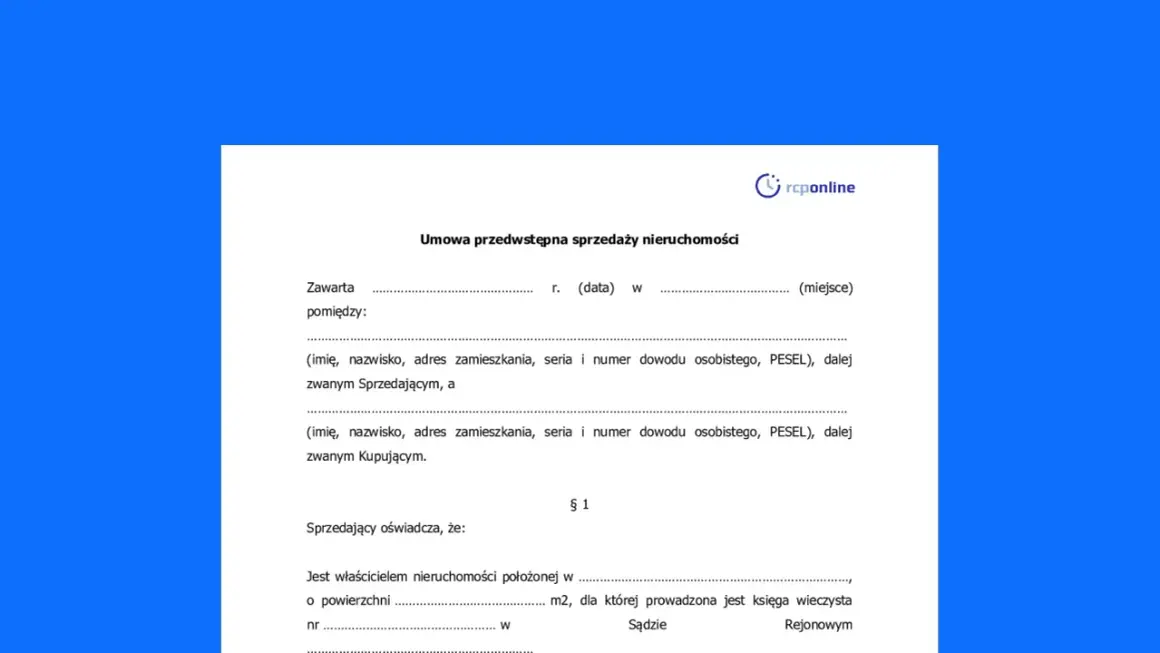 Umowa przedwstępna sprzedaży nieruchomości, zawierająca dane sprzedającego i kupującego, a także informacje o działce.