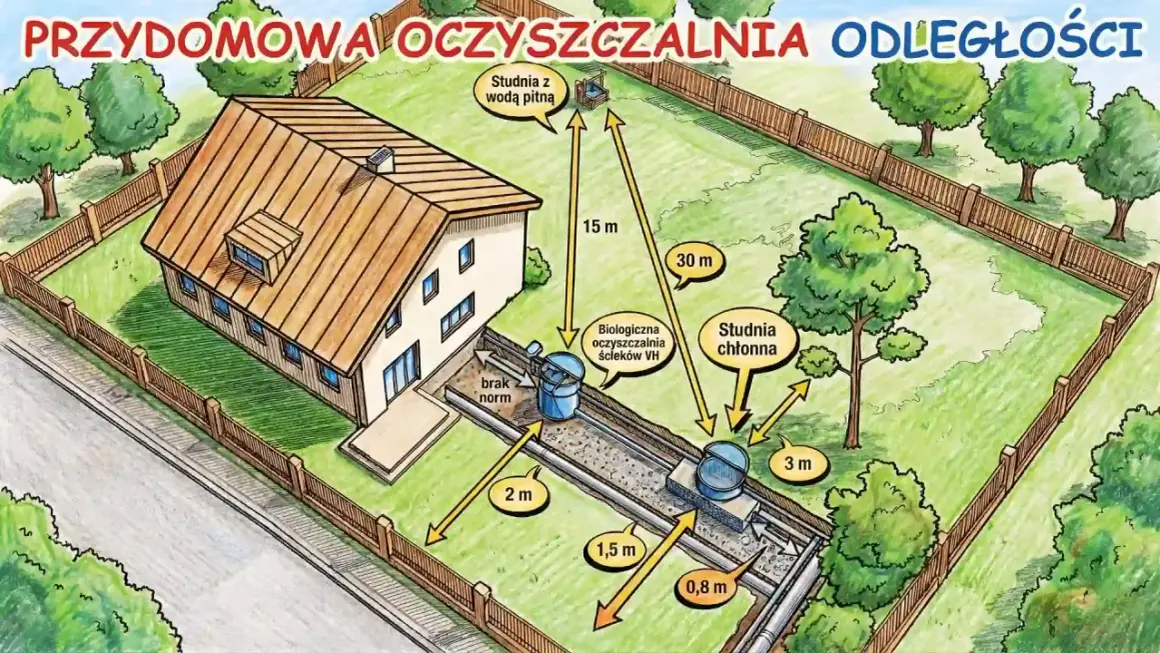 Ilustracja pokazuje odległość studni chłonnej od granicy działki i innych elementów, zgodnie z przepisami. Widać dom, oczyszczalnię ścieków i studnię z wodą pitną.