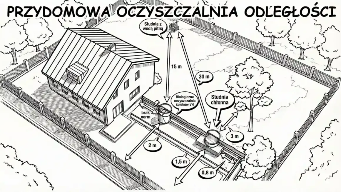Schemat pokazuje odległość studni od szamba i innych elementów. Odległość studni z wodą pitną od biologicznej oczyszczalni wynosi 15 m.