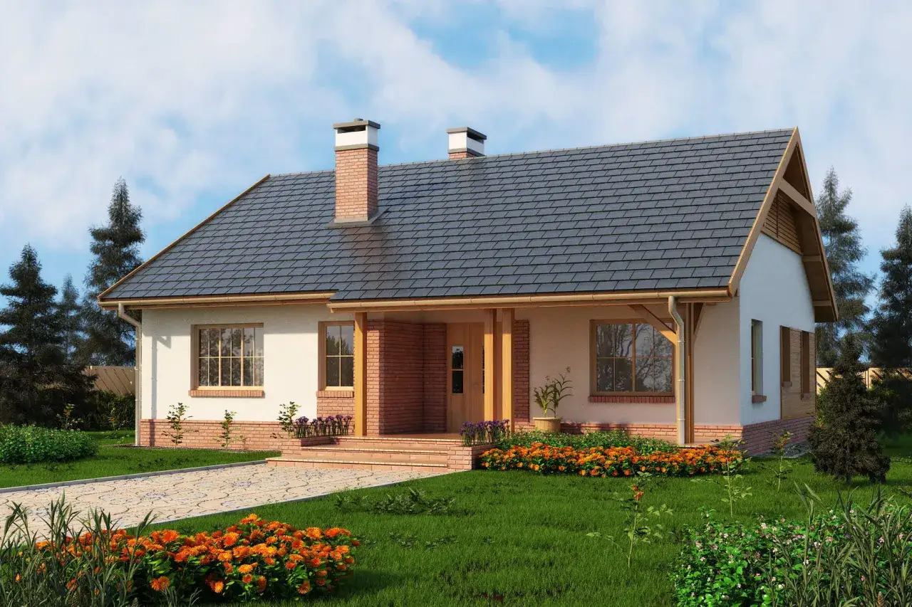 Uroczy, parterowy dom z ceglanym detalem i werandą. Idealny przykład małych projektów domów, otoczony zielenią i kwitnącymi rabatami.