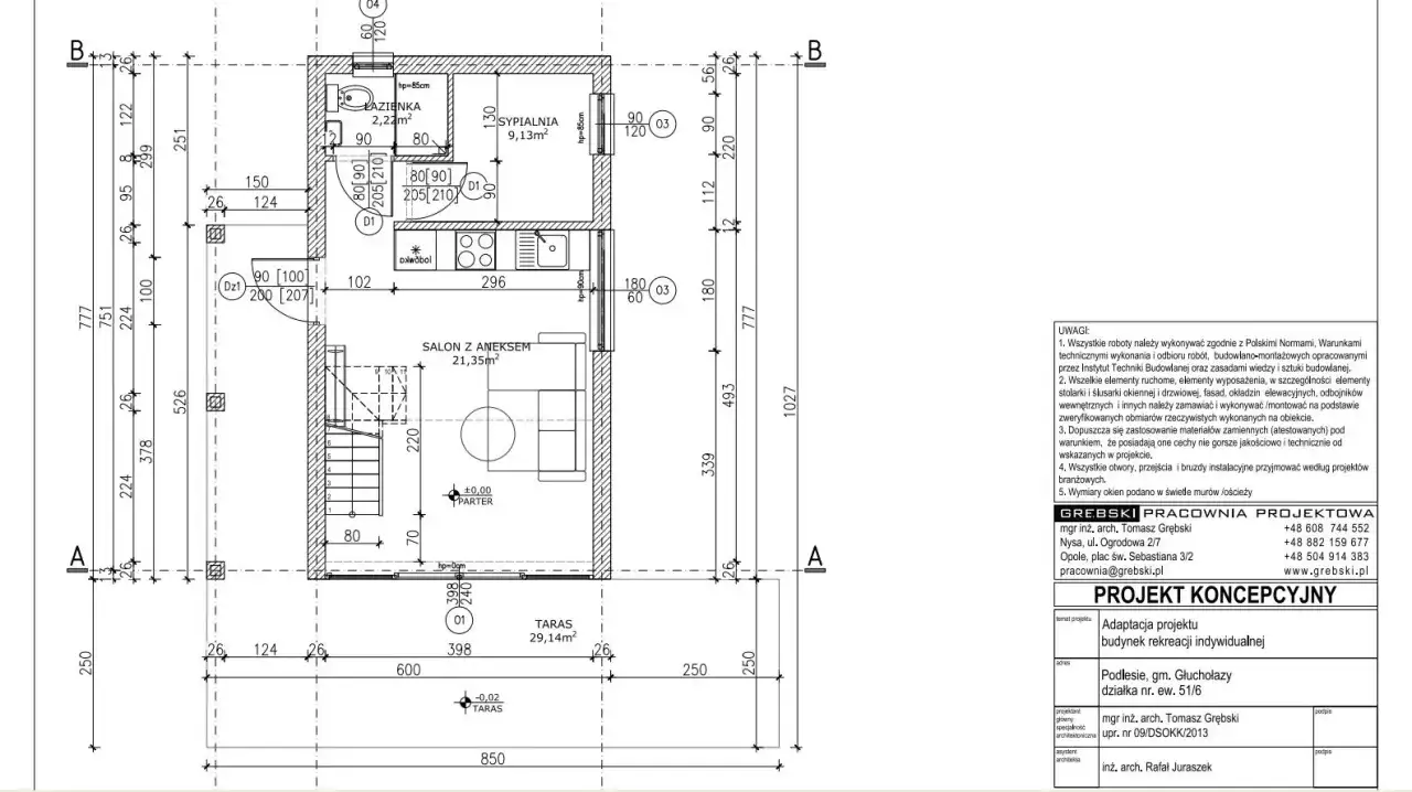 Projekt zagospodarowania terenu: plan parteru z salonem, aneksem, sypialnią, łazienką i tarasem.