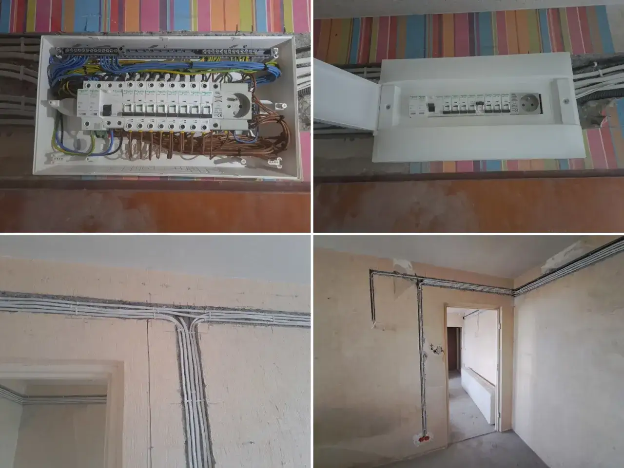 Nowa wymiana instalacji elektrycznej w bloku: skrzynka z bezpiecznikami i nowe przewody na ścianach.