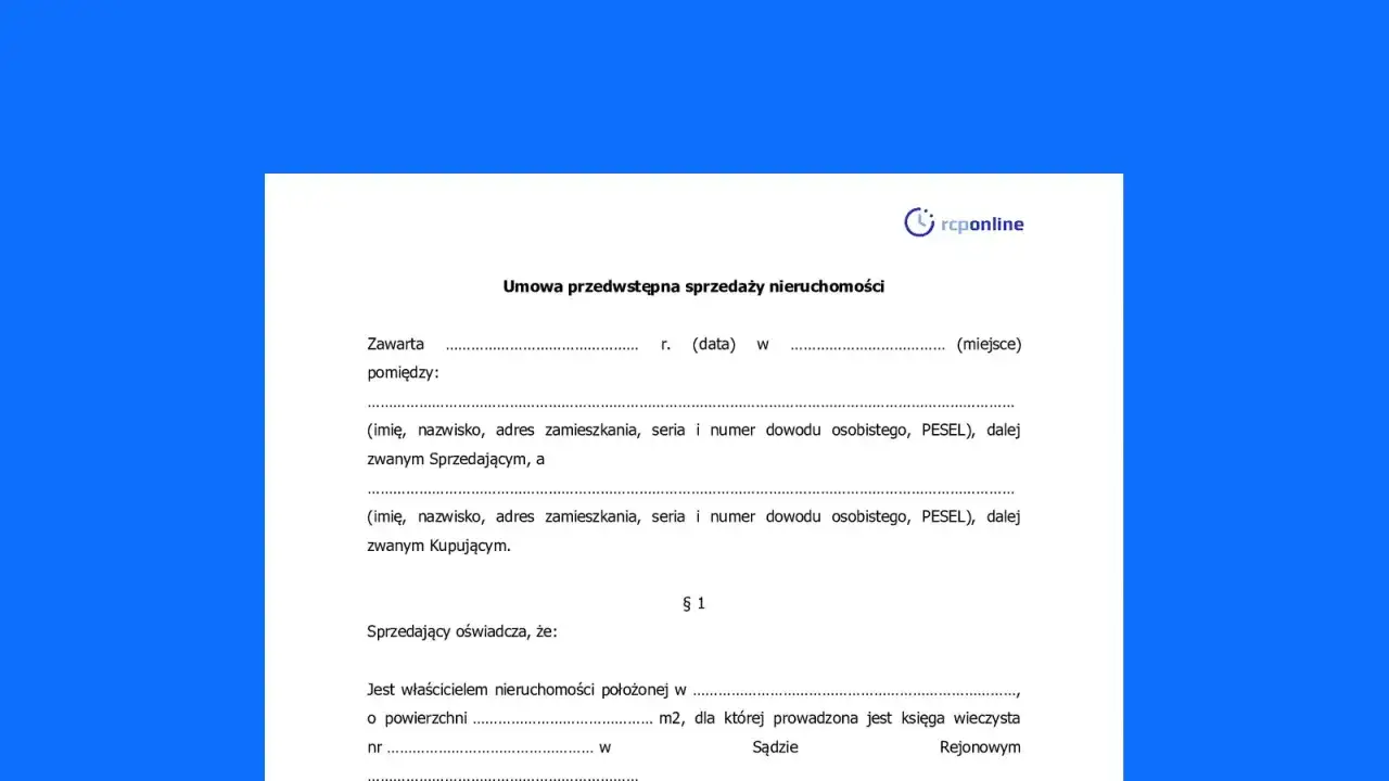 Umowa przedwstępna sprzedaży nieruchomości, zawierająca dane sprzedającego i kupującego, a także informacje o działce.