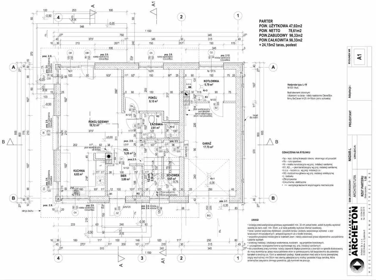 Parter: powierzchnia całkowita 98,33m². Rzut parteru z wymiarami pomieszczeń i oznaczeniami.
