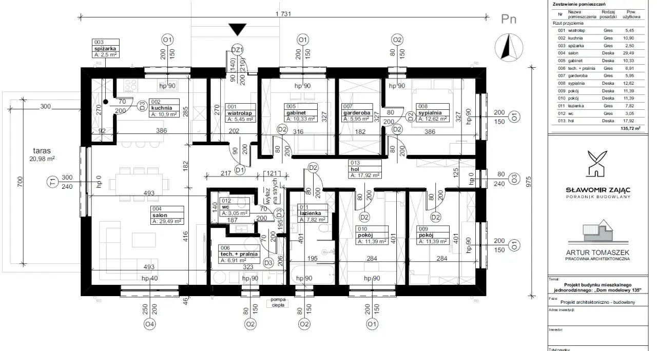 Projekt budowlany zawiera rzut parteru z opisem pomieszczeń: salon, kuchnia, sypialnia, gabinet, łazienka, WC, garderoba, spiżarka, hol, techniczny z pralnią.