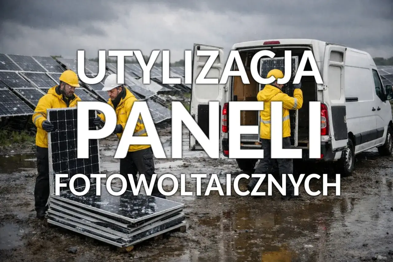 Pracownicy w żółtych kurtkach zajmują się recyklingiem paneli fotowoltaicznych, układając je przy furgonetce.