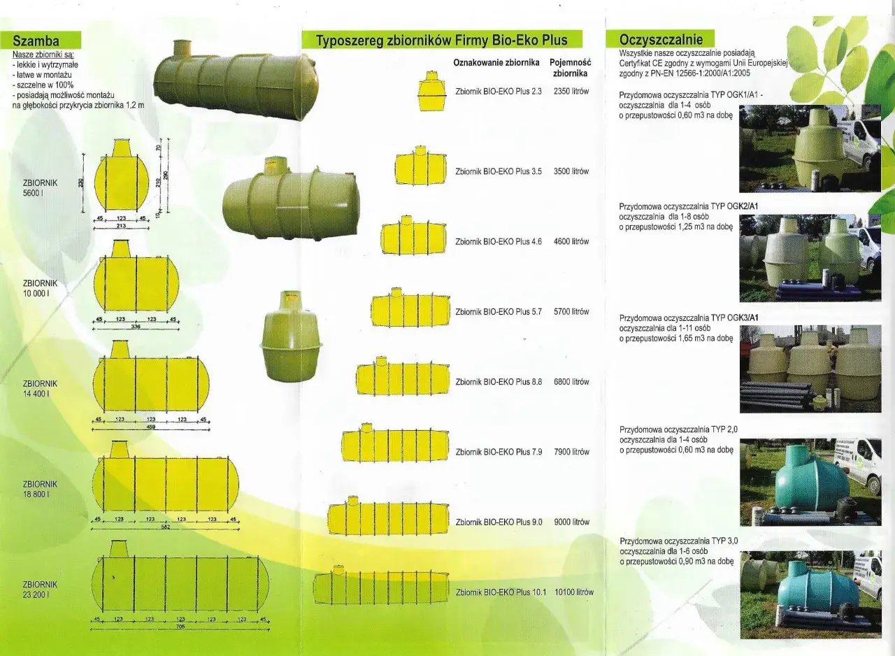 Katalog zbiorników i oczyszczalni Bio-Eko Plus. Prezentacja modeli szamb plastikowych, ich wymiarów i pojemności, a także przydomowych oczyszczalni ścieków.
