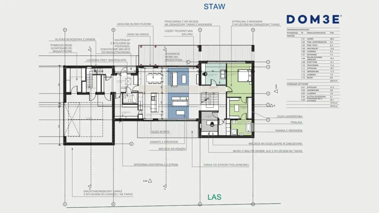 Plan parteru i poddasza domu, pokazujący etapy budowy: garaż, salon, kuchnia, sypialnie, łazienki, pracownia i tarasy.